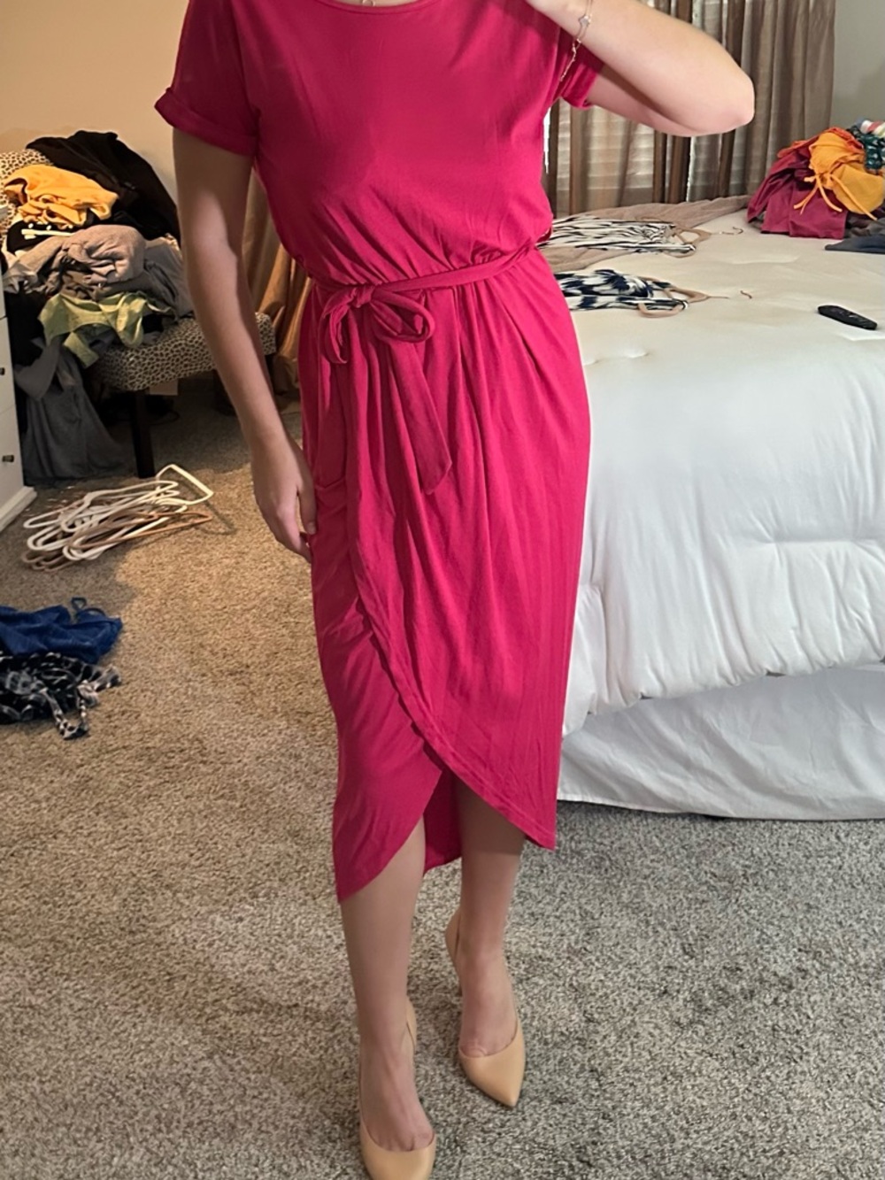 Women’s Fuchsia Wrap-Front Midi Dress with Tie Waist